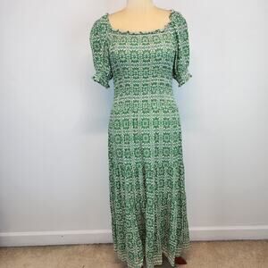 Max Studio Floral Maxi Dress Size XL Green Smocked Puff Sleeve Square Neck Boho
